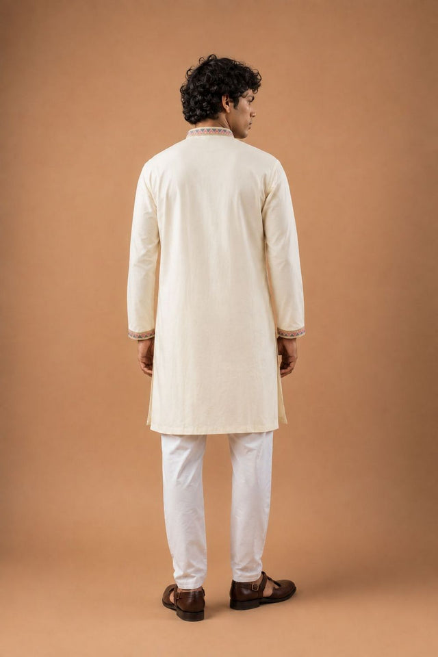 Mens White Floral Embroidered Silk Blend Kurta Set (ACB1029)