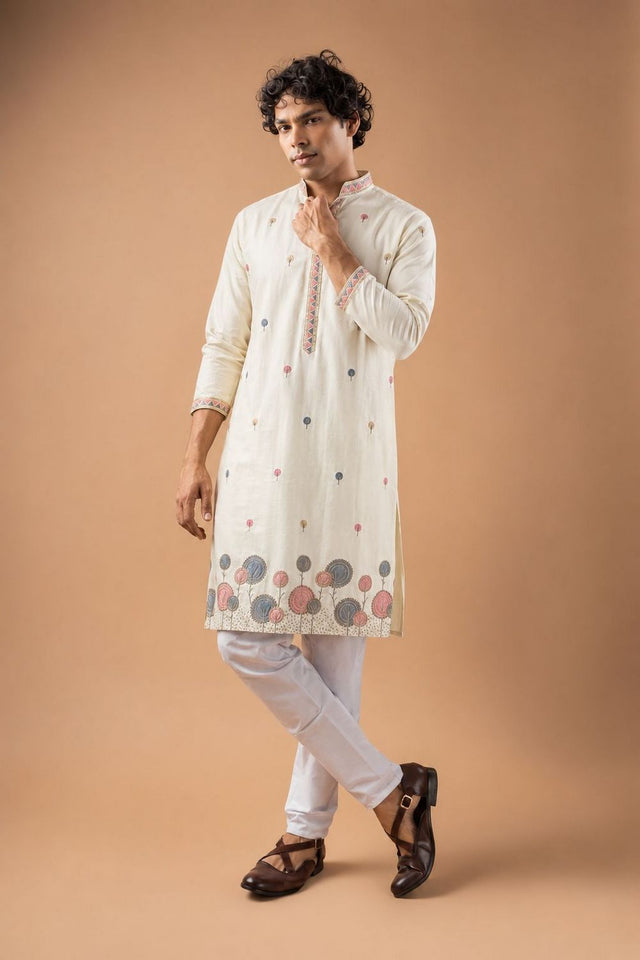 Mens White Floral Embroidered Silk Blend Kurta Set (ACB1029)