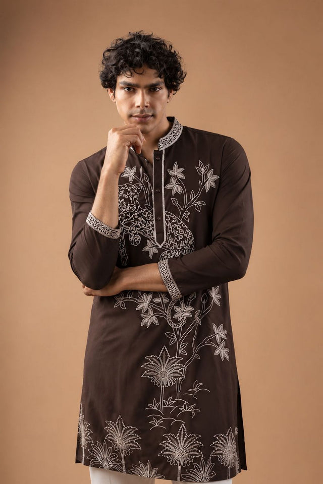 Mens Brown Floral Embroidered Silk Blend Kurta Set (ACB1030)