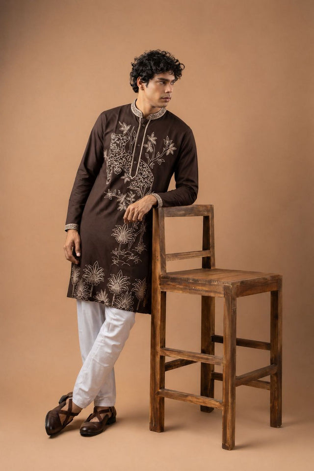 Mens Brown Floral Embroidered Silk Blend Kurta Set (ACB1030)