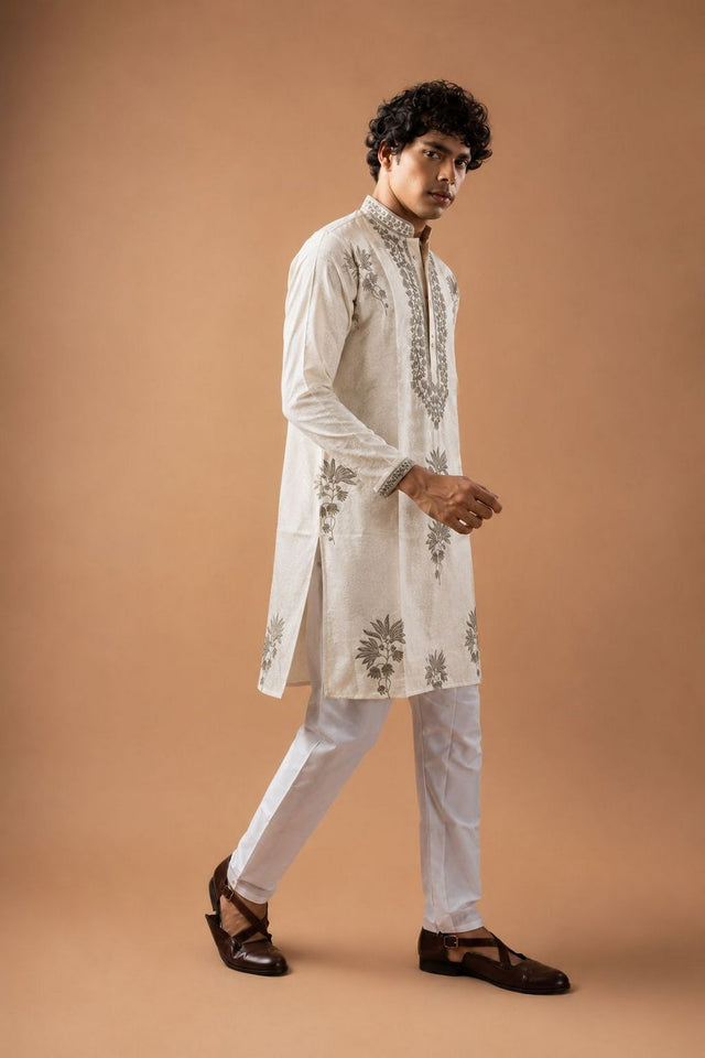 Mens White Floral Embroidered Silk Blend Kurta Set (ACB1031)