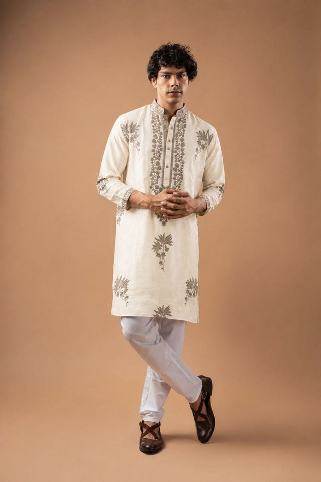 Mens White Floral Embroidered Silk Blend Kurta Set (ACB1031)