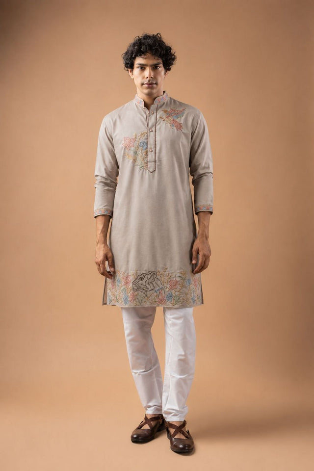 Mens Beige Floral Embroidered Silk Blend Kurta Set (ACB1032)