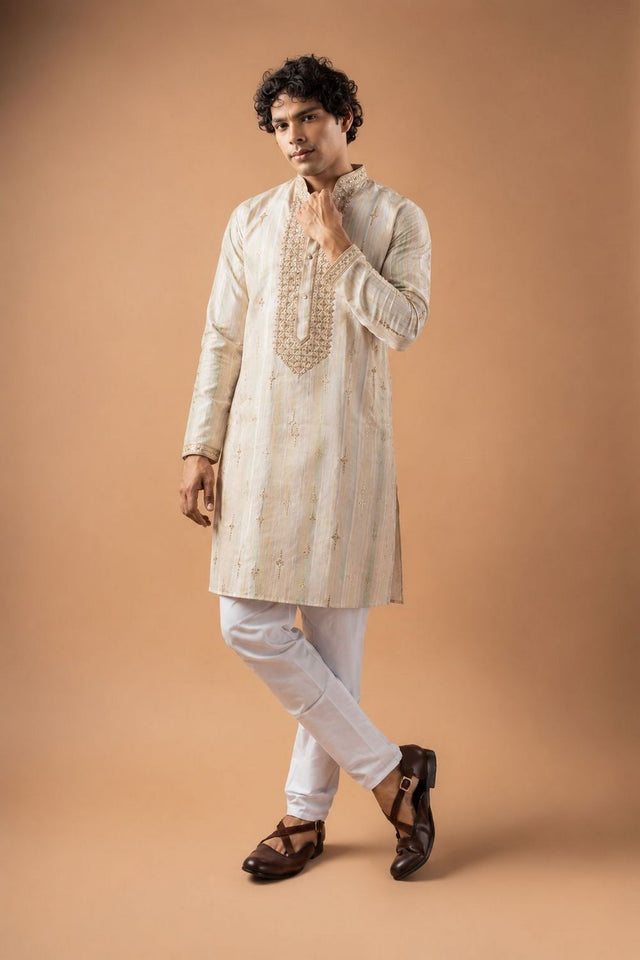 Mens Beige Embroidered Silk Blend Kurta Set (ACB1033)