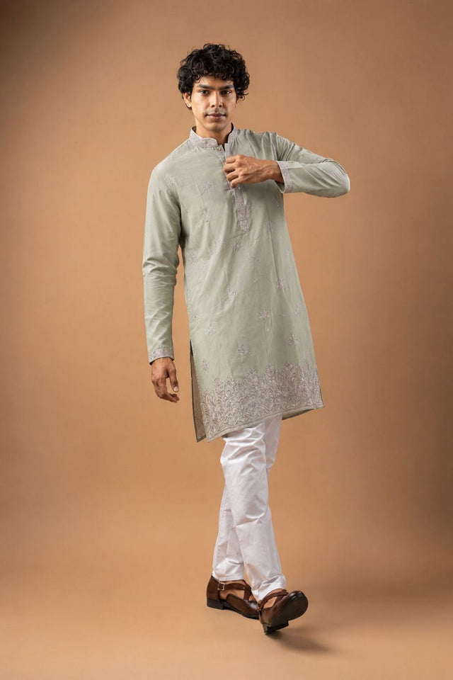 Mens Green Floral Embroidered Silk Blend Kurta Set (ACB1034)