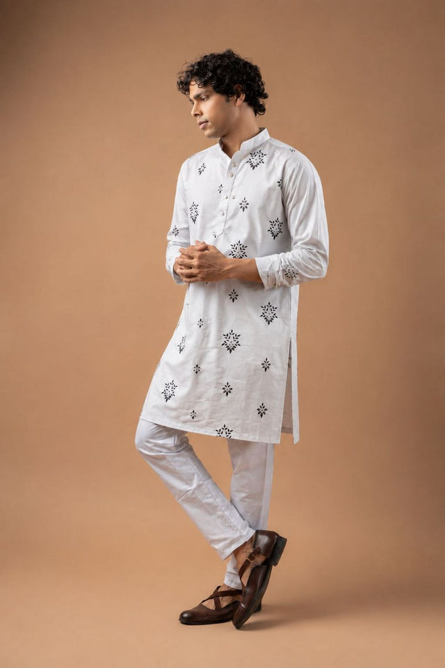 Mens White Floral Embroidered Silk Blend Kurta Set (ACB1036)