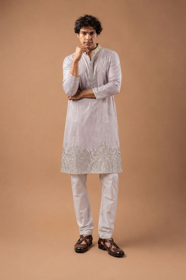 Mens Pink Floral Embroidered Silk Blend Kurta Set (ACB1037)