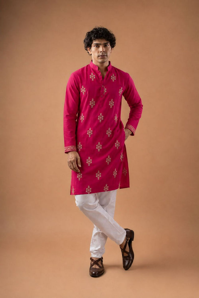 Mens Pink Embroidered Silk Blend Kurta Set (ACB1039)