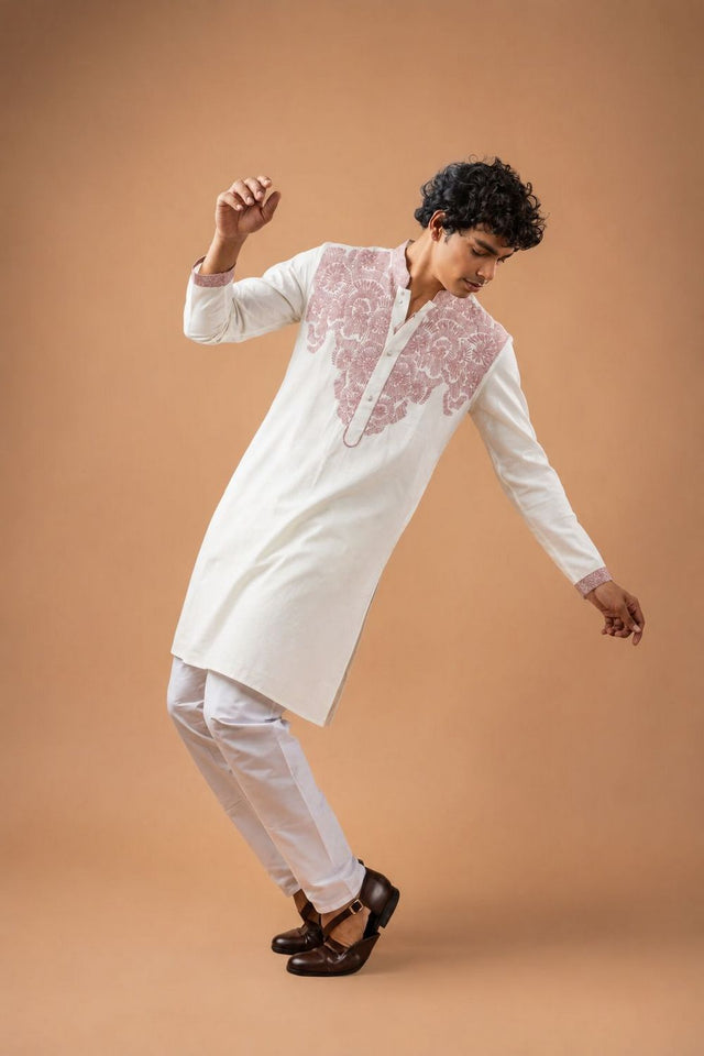 Mens White Embroidered Silk Blend Kurta Set (ACB1040)