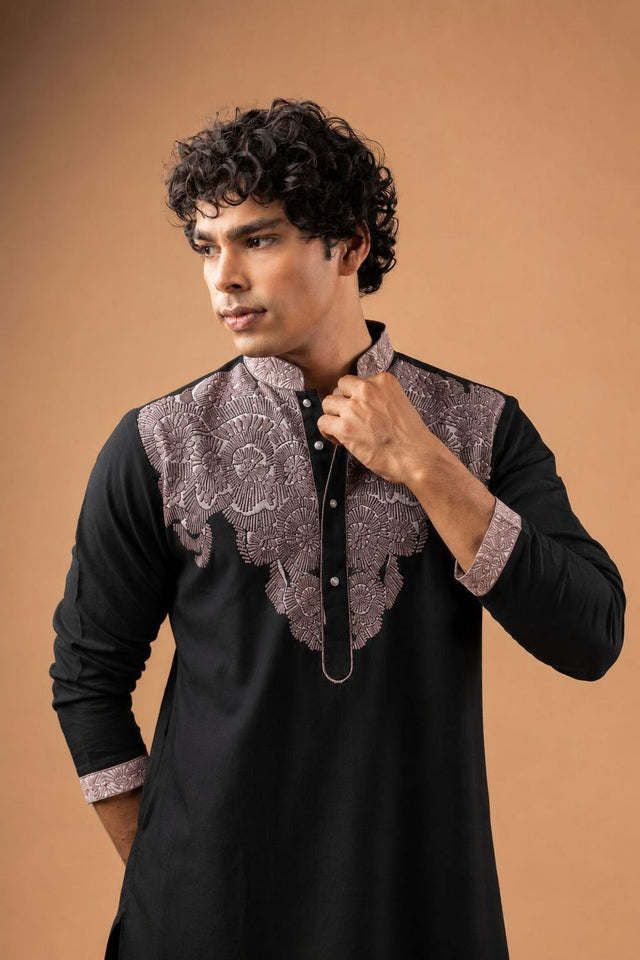 Mens Black Embroidered Silk Blend Kurta Set (ACB1041)