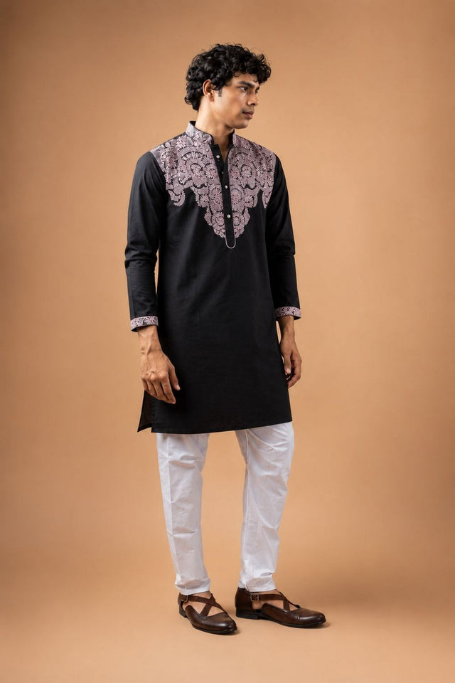 Mens Black Embroidered Silk Blend Kurta Set (ACB1041)