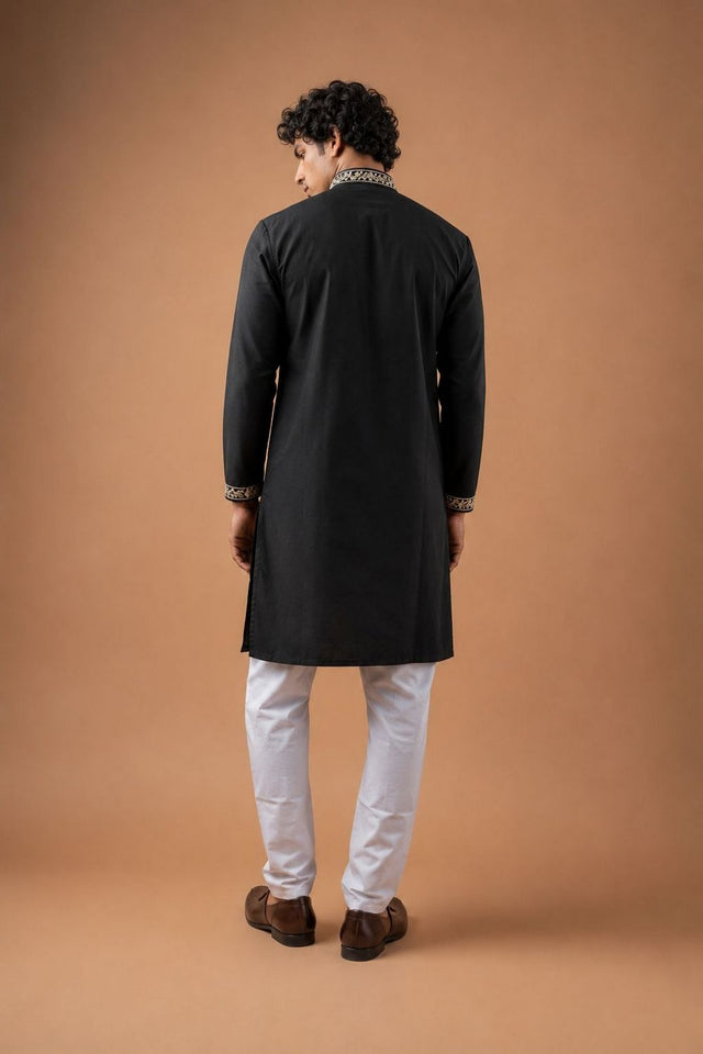 Mens Black Embroidered Silk Blend Kurta Set (ACB1044)