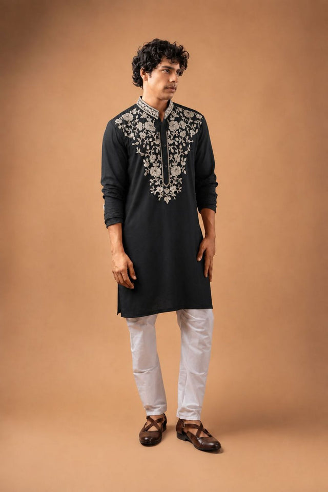 Mens Black Embroidered Silk Blend Kurta Set (ACB1044)