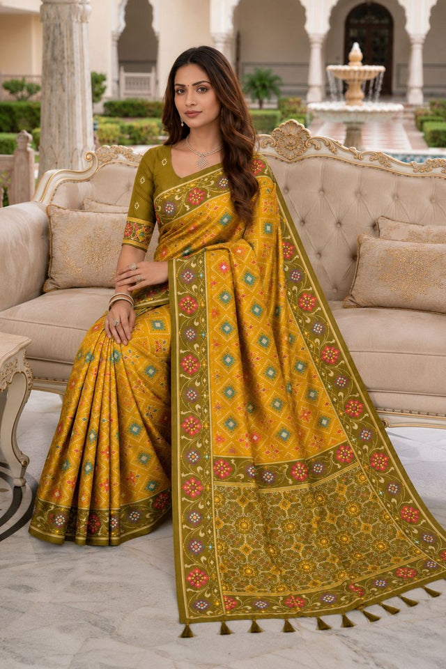Yellow Floral Woven Silk Saree (ACB1061)
