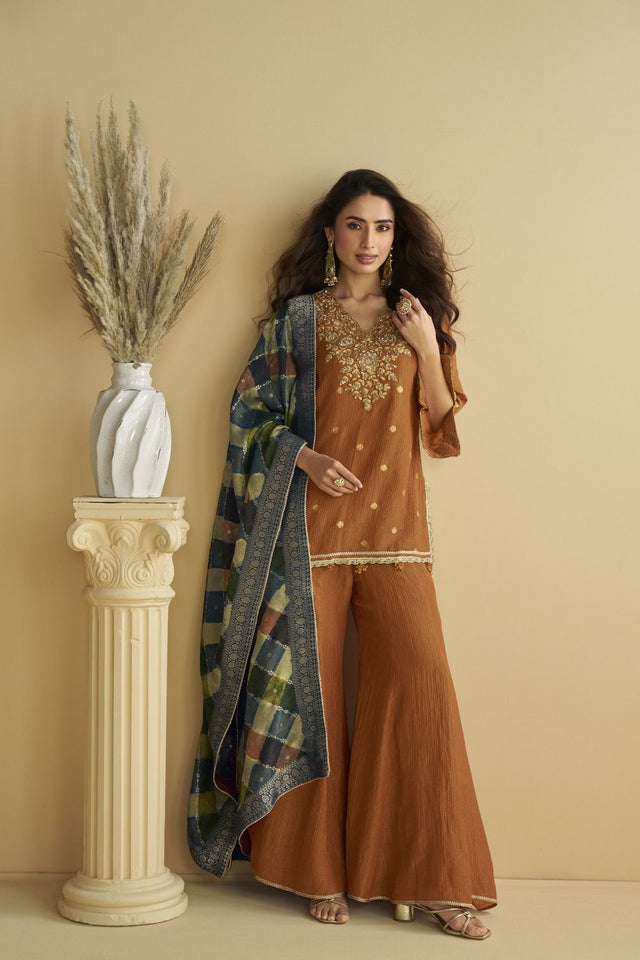 Brown Sequin with Embroidered Chinon Free Size Stitched Sharara Suit (ACB1072)