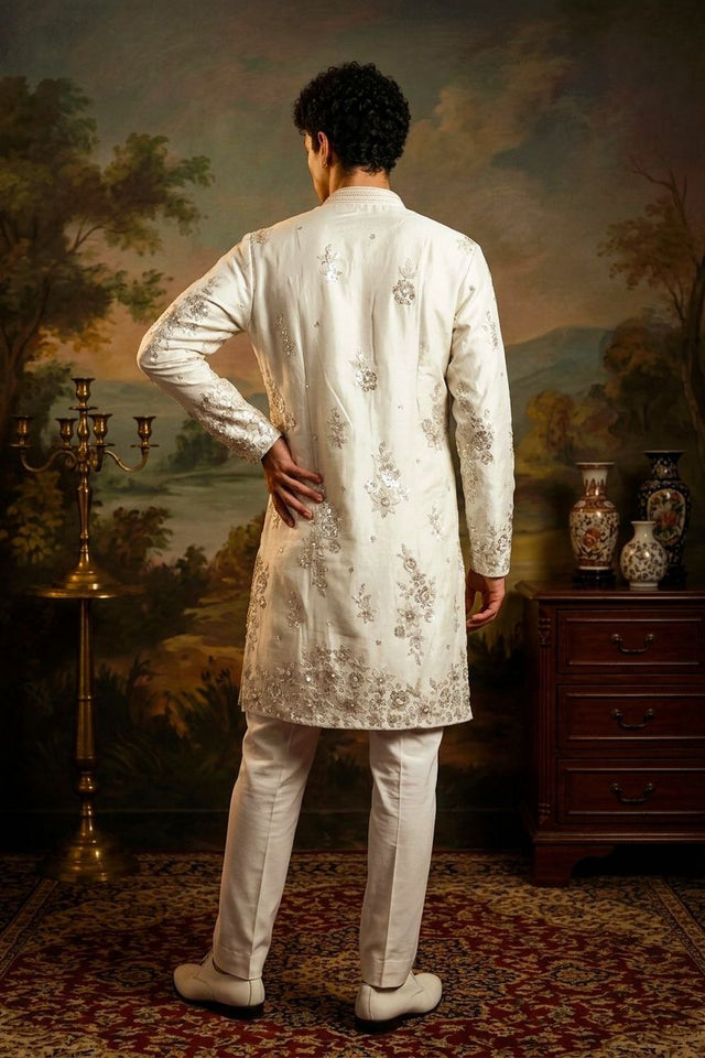 Mens Silver Embroidered Silk Kurta Set (ACB1073)