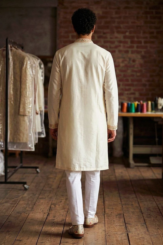 Mens White Embroidered Silk Kurta Set (ACB1074)