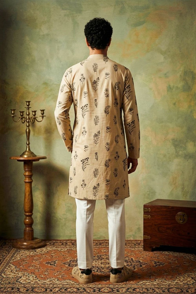Mens Cream Embroidered Silk Kurta Set (ACB1075)