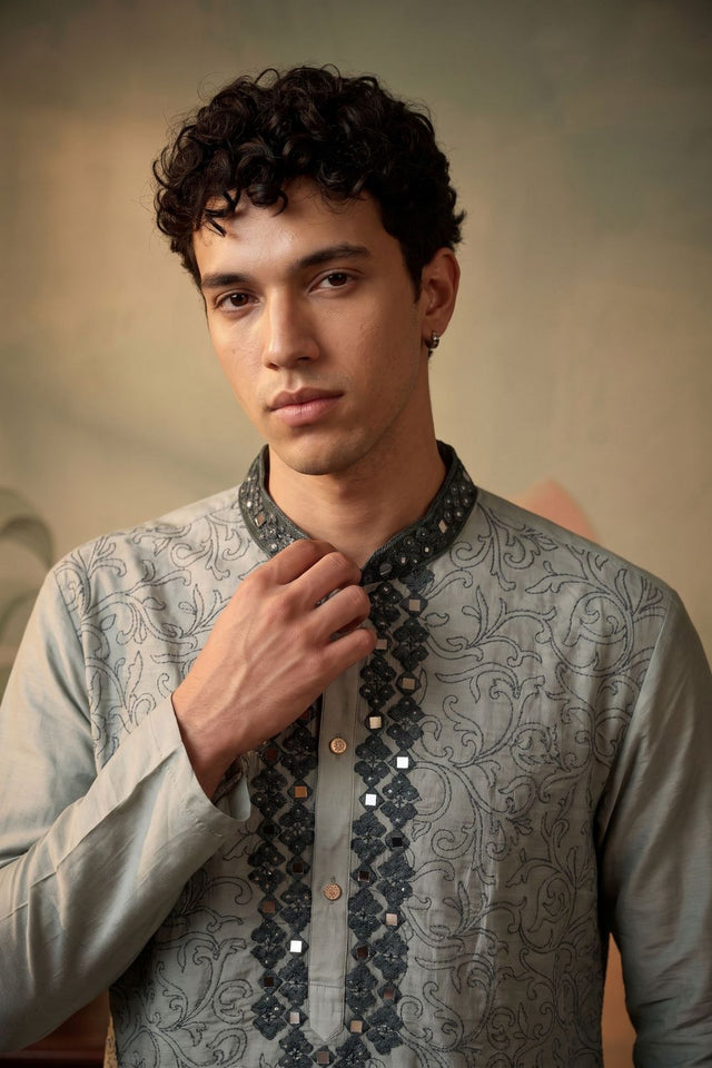 Mens Green Embroidered Silk Kurta Set (ACB1077)