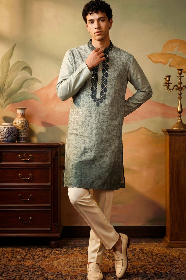 Mens Green Embroidered Silk Kurta Set (ACB1077)