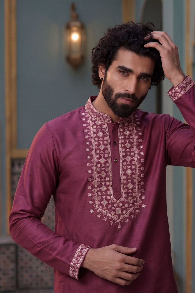 Mens Wine Embroidered Silk Kurta Set (ACB1078)