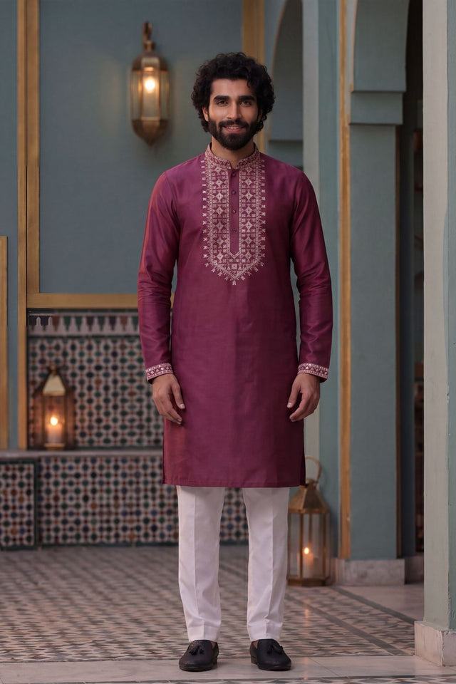 Mens Wine Embroidered Silk Kurta Set (ACB1078)