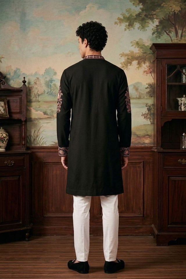 Mens Black Embroidered Silk Blend Kurta Set (ACB1081)