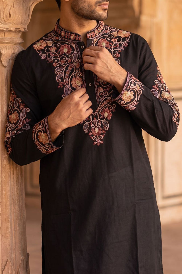 Mens Black Embroidered Silk Blend Kurta Set (ACB1081)