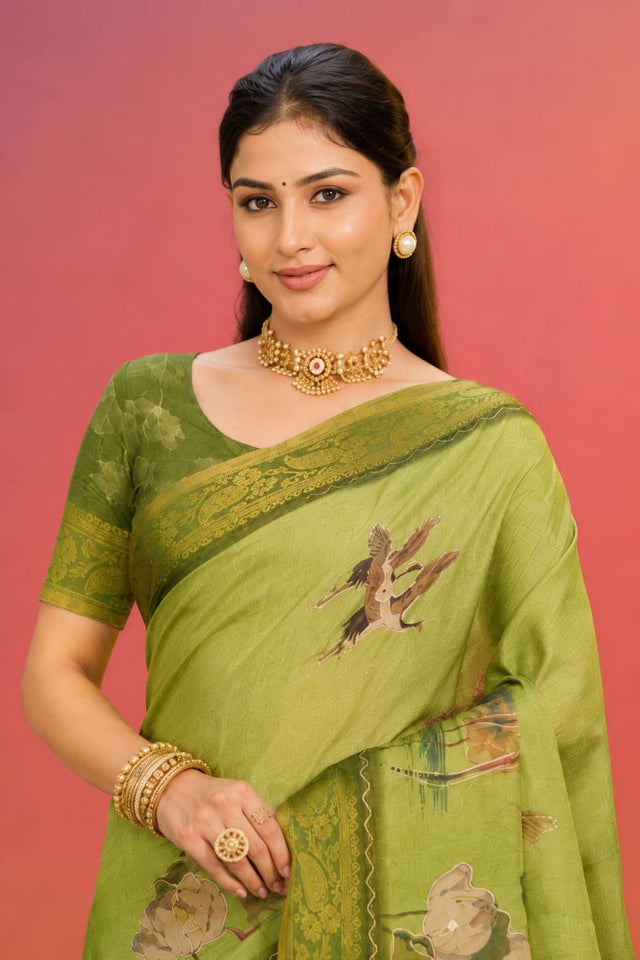 Olive Green Printed Kanjivaram Saree (ACB1095)