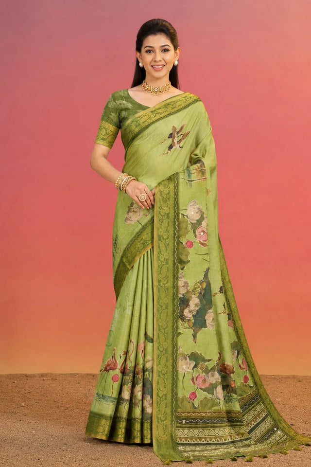 Olive Green Printed Kanjivaram Saree (ACB1095)
