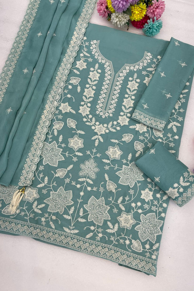 Blue Floral Embroidered Georgette Sharara Suit (ACB1098)