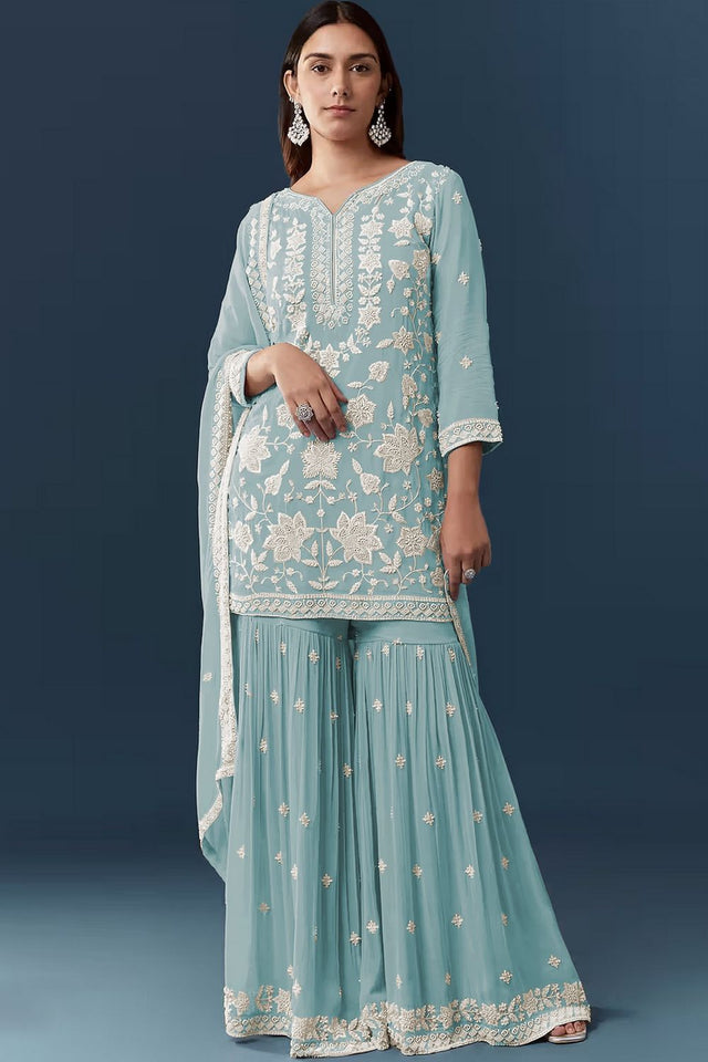 Blue Floral Embroidered Georgette Sharara Suit (ACB1098)