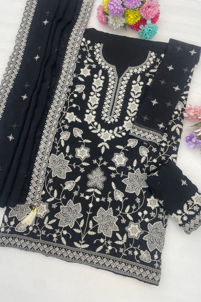 Black Floral Embroidered Georgette Sharara Suit (ACB1101)