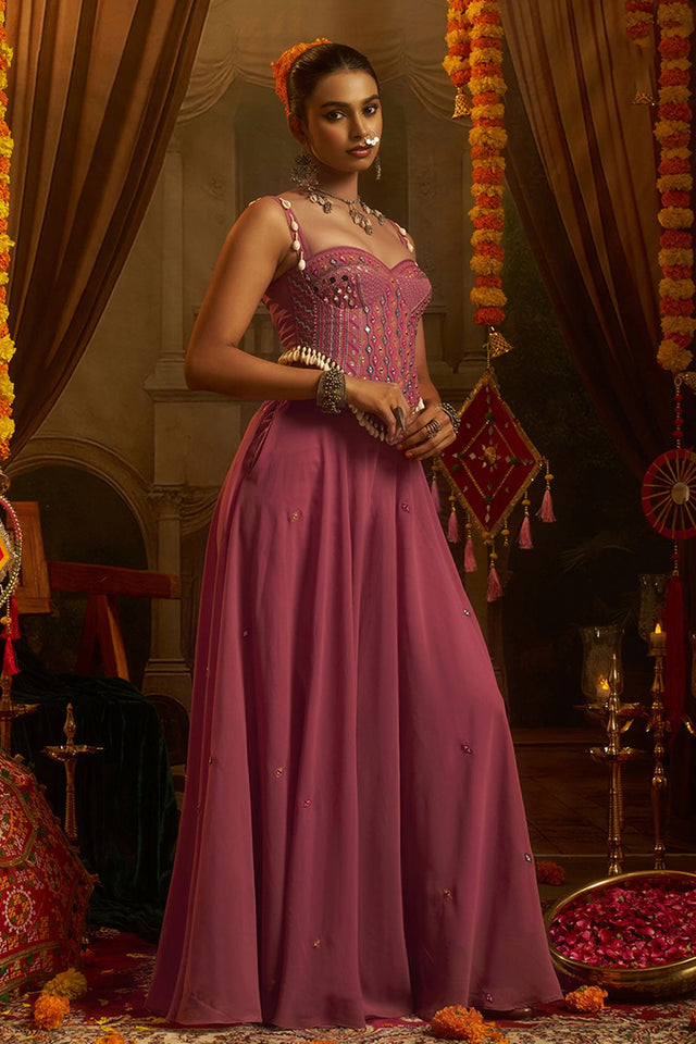 Pink Embroidered Georgette Palazzo Suit (ACB1102)