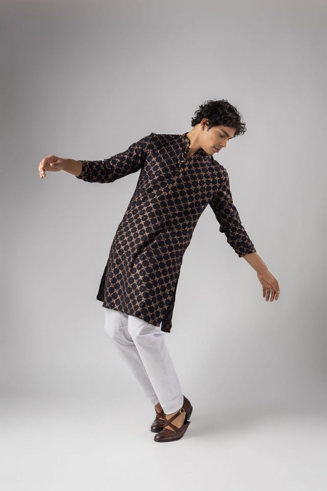 Mens Black Embroidered Rayon Kurta Set (ACB1106)