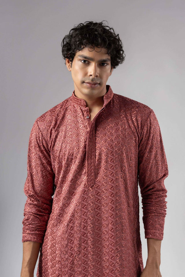 Mens Pink Embroidered Rayon Kurta Set (ACB1108)