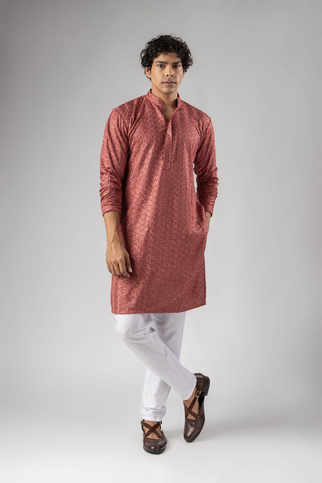 Mens Pink Embroidered Rayon Kurta Set (ACB1108)