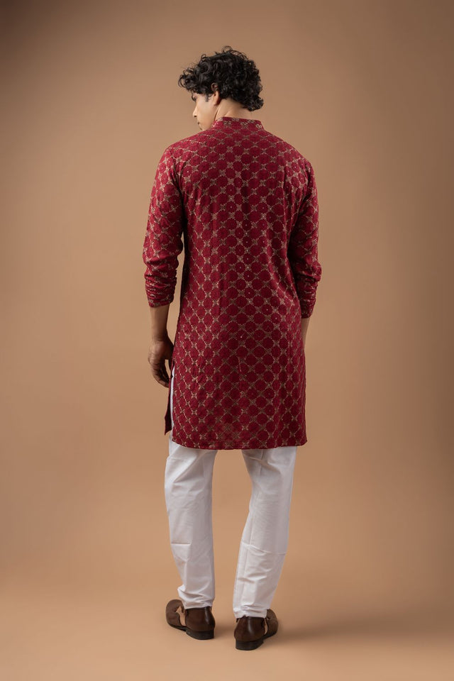 Mens Maroon Embroidered Rayon Kurta Set (ACB1109)