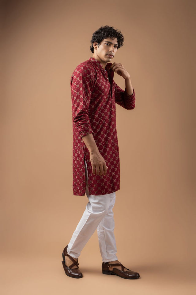 Mens Maroon Embroidered Rayon Kurta Set (ACB1109)