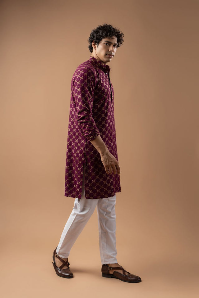 Mens Wine Embroidered Rayon Kurta Set (ACB1110)