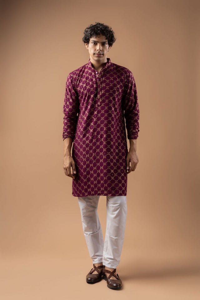 Mens Wine Embroidered Rayon Kurta Set (ACB1110)