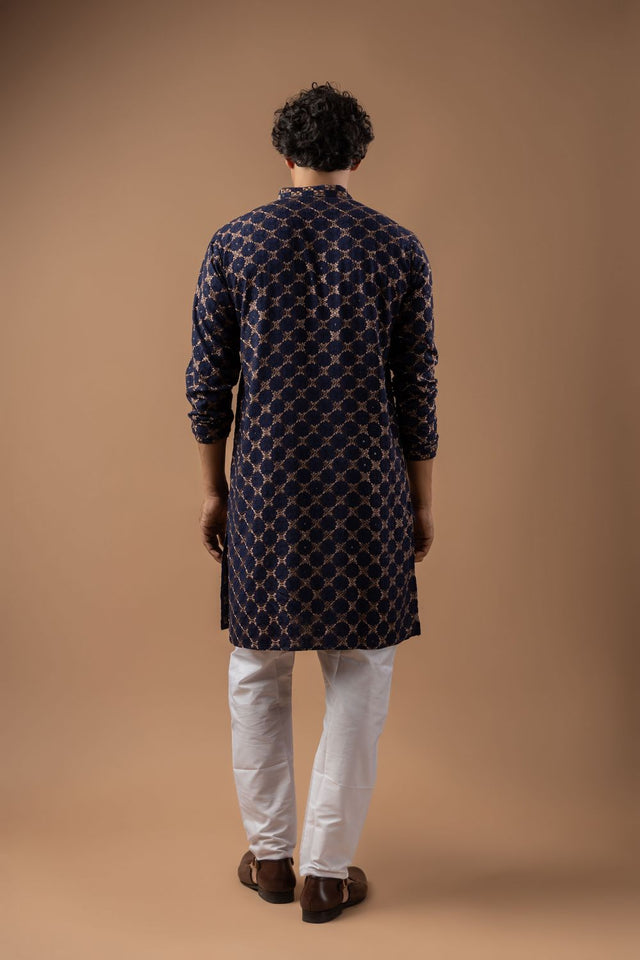 Mens Blue Embroidered Rayon Kurta Set (ACB1111)