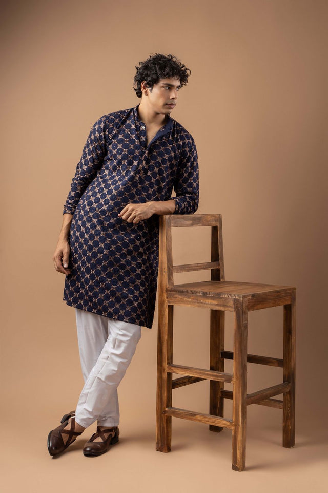 Mens Blue Embroidered Rayon Kurta Set (ACB1111)