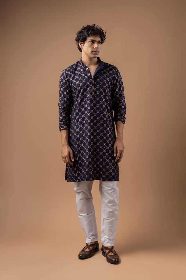 Mens Blue Embroidered Rayon Kurta Set (ACB1111)