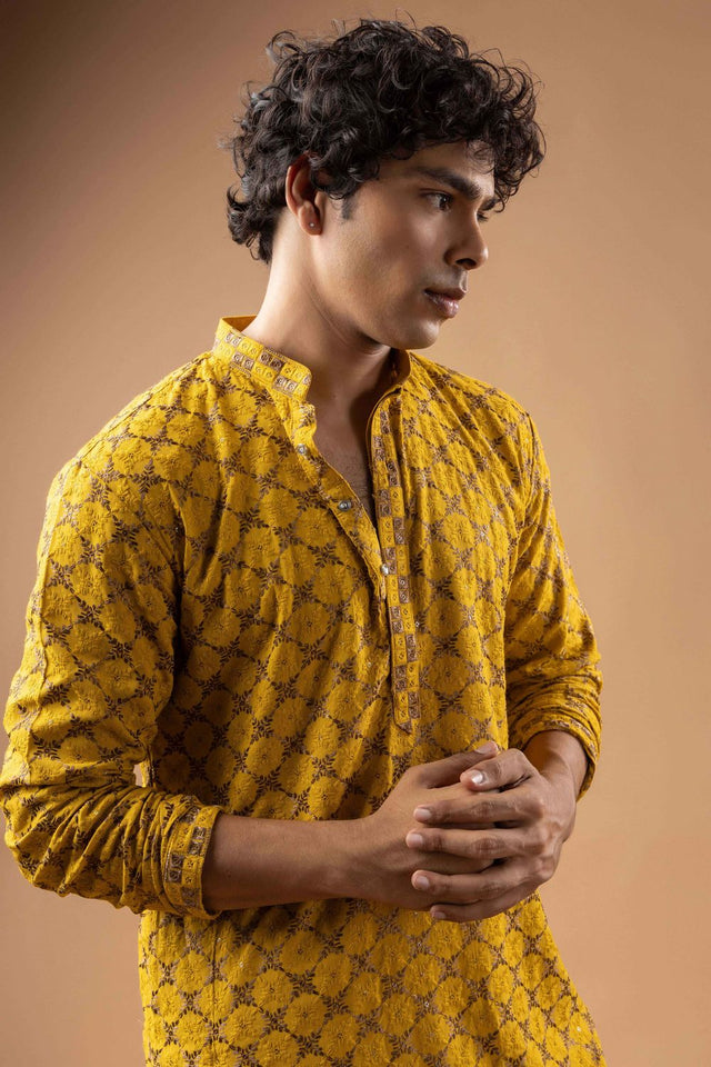 Mens Yellow Embroidered Rayon Kurta Set (ACB1112)
