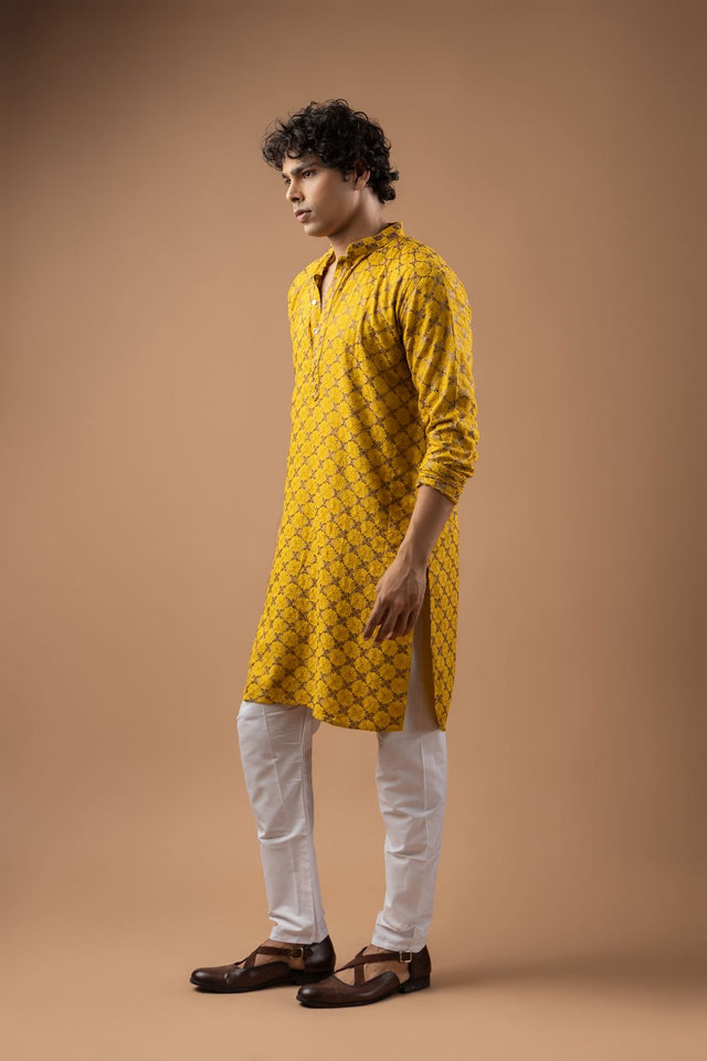 Mens Yellow Embroidered Rayon Kurta Set (ACB1112)