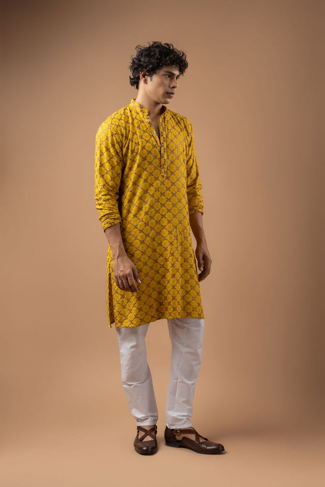 Mens Yellow Embroidered Rayon Kurta Set (ACB1112)