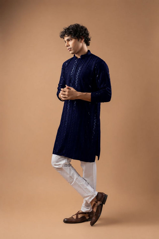 Mens Navy Blue Sequin with Embroidered Rayon Kurta Set (ACB1117)