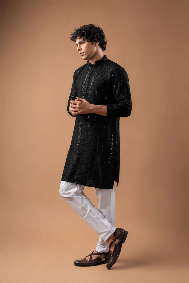 Mens Black Sequin with Embroidered Rayon Kurta Set (ACB1118)