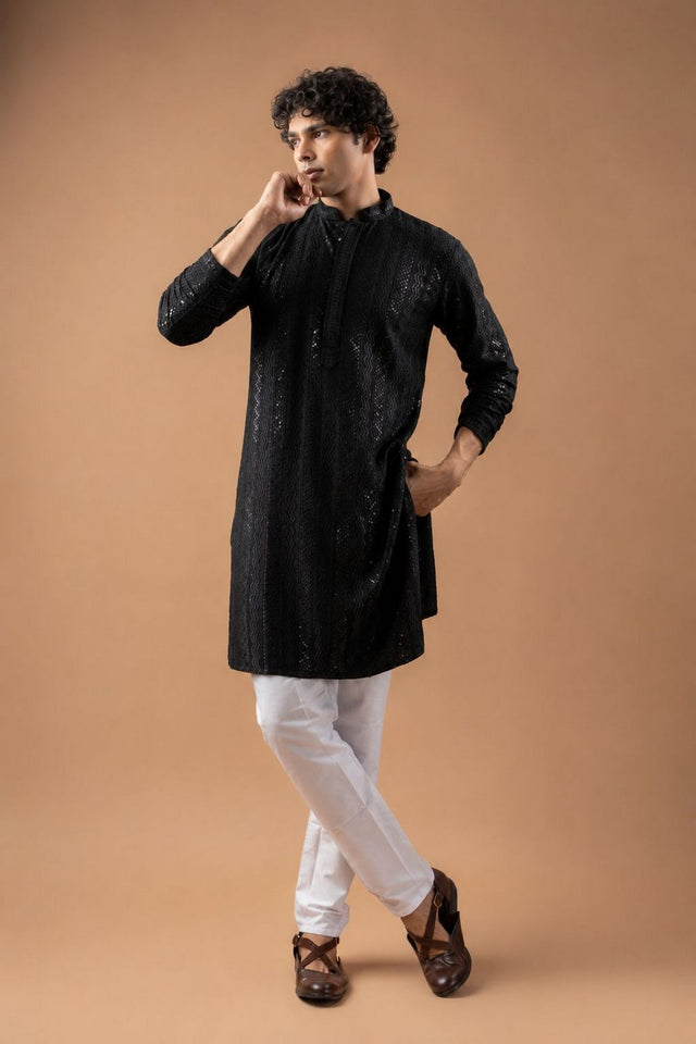 Mens Black Sequin with Embroidered Rayon Kurta Set (ACB1118)